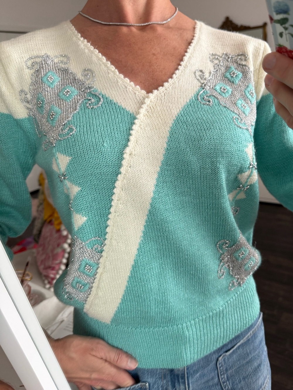 Vintage Beaded Angora Sweater Aqua Silver Coquette Grannycore M
